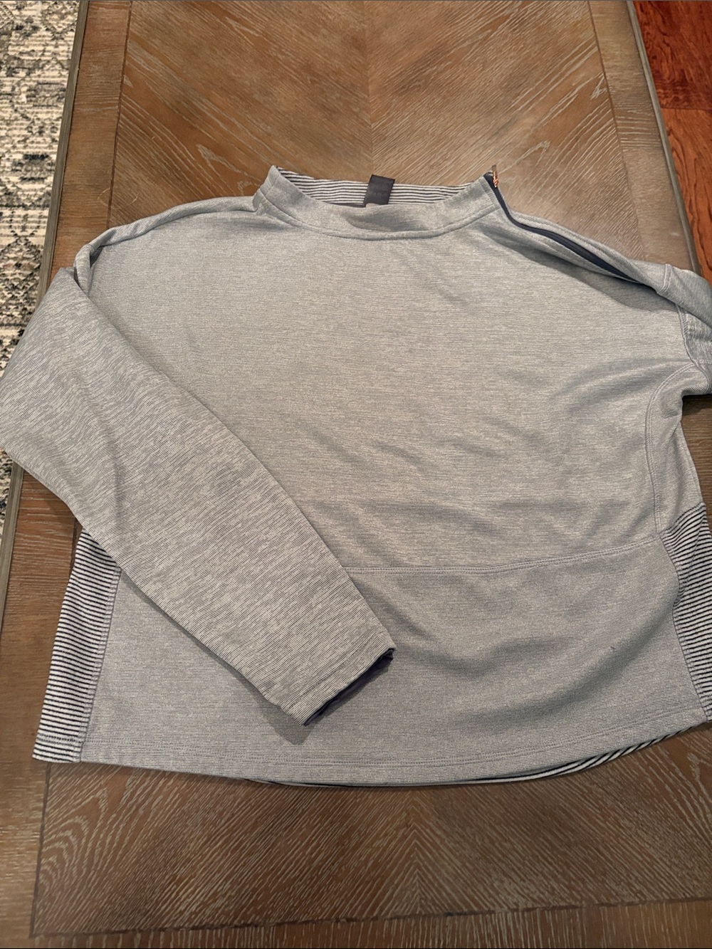 Champion Heather Gray Long Sleeve Pullover with Navy Stripe Trim